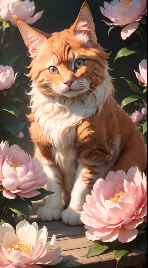 PhotographyUSA, style of Kim Keever, Ginger Cat of the maincoon breed sits among peonies, the cats ears shine through in the sun, add more details , Masterpiece , Macro photography, no add human