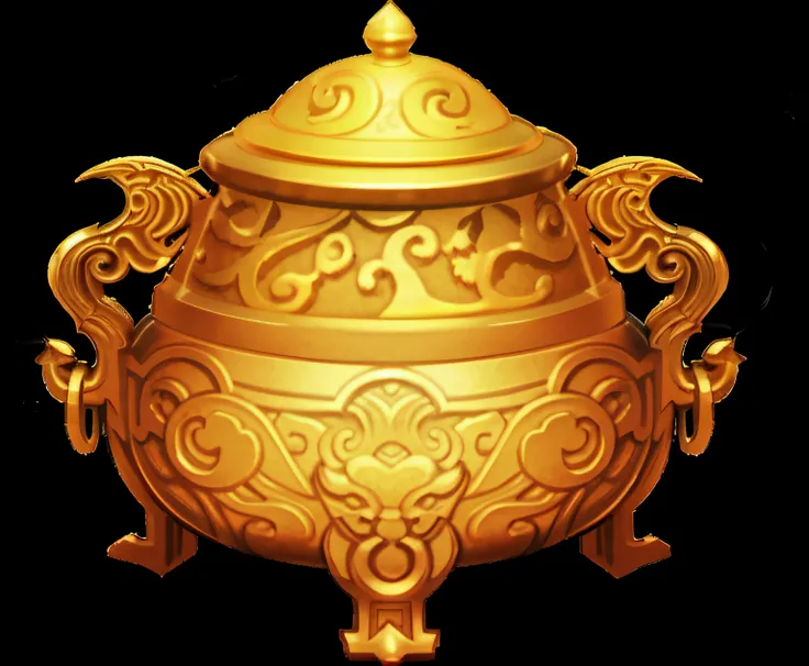 On the holder there is a golden vase with a lid, ancient chinese ornate, treasure artifact, rpg item, hyperdetailed scp artifact jar, arte renderizada, author：Wen Boren, item art, ancient china art style, front of the treasure box, pot, golden pommel, (exo...