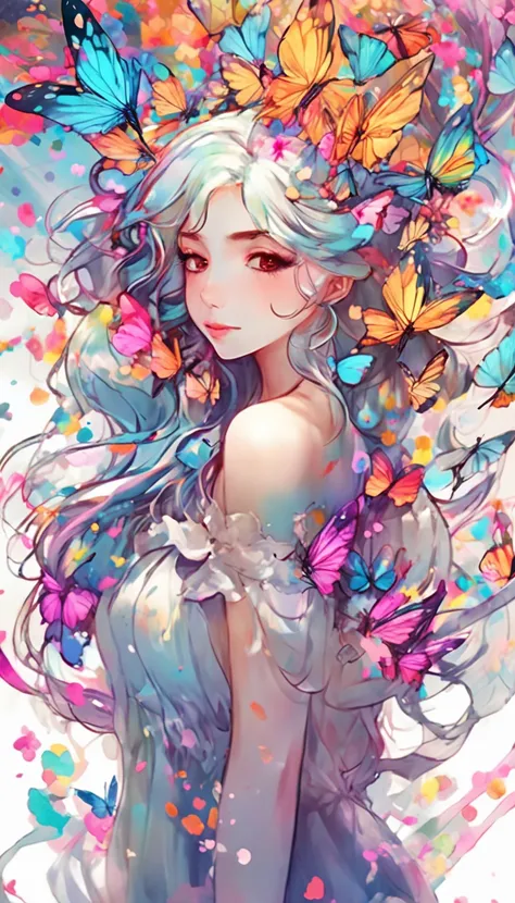 anime girl with colorful hair and butterfly headpiece with butterflies, dreamy psychedelic anime, a beautiful artwork illustration, by Yuumei, decora inspired illustrations, digital art on pixiv, beautiful anime art style, colorful illustration, pixiv styl...