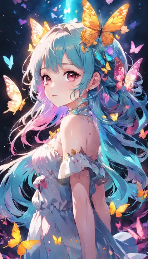 anime girl with colorful hair and butterfly headpiece with butterflies, dreamy psychedelic anime, a beautiful artwork illustration, by Yuumei, decora inspired illustrations, digital art on pixiv, beautiful anime art style, colorful illustration, pixiv styl...