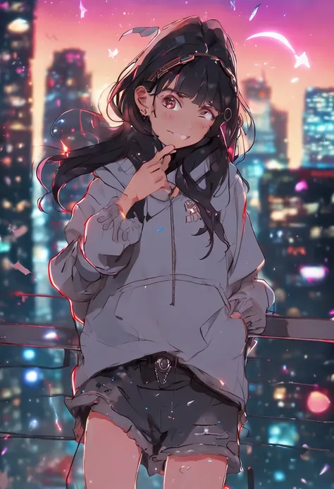 "Image Quality: 8K (Best Quality Scale: 1.2), Artistic Style: Realistic, Photorealistic Factor: 1.37, Clarity: Ultra High Definition, Subject:1girl flying above stunning cityscape ,hoodie,brown hair, neon color shooting stars, very long hair, off shoulder,...