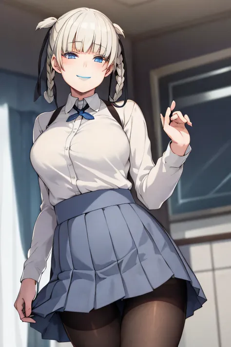 1girl, blue lip,wircked smile,epic realistic, faded, ((neutral colors)), schoolgirl uniform, pantyhose, skirt lifted