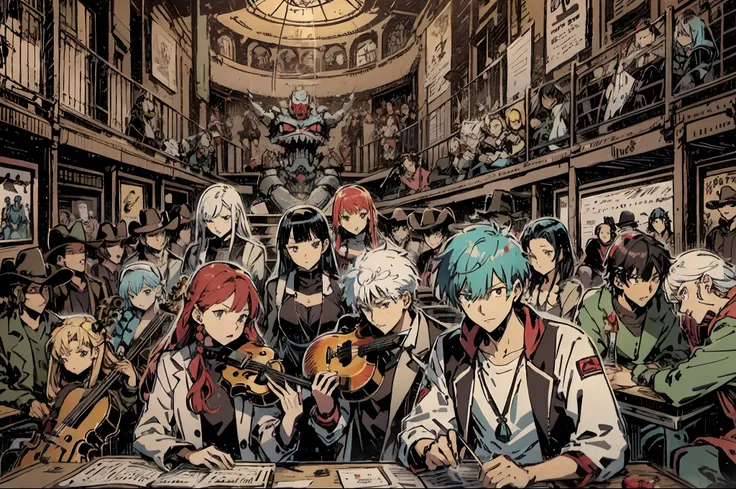 a classical orchestra with several musicians and an audience, famous pop culture characters from manga, evangelion, cowboy beep bop, Fullmetal Alchemist, chainsaw man, berserk, playing, an artistic style by Yusuke Murata, vivid and well detailed and colorf...