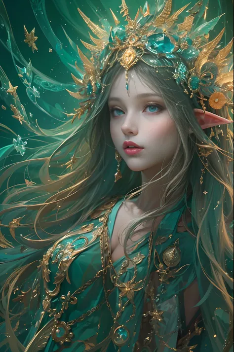 (masterpiece, top quality, best quality, official art, beautiful and aesthetic:1.2), (1 Elf girl), extremely detailed, long shapeless hair, (fractal art:1.3),colorful,highest detail, cinematic lighting.