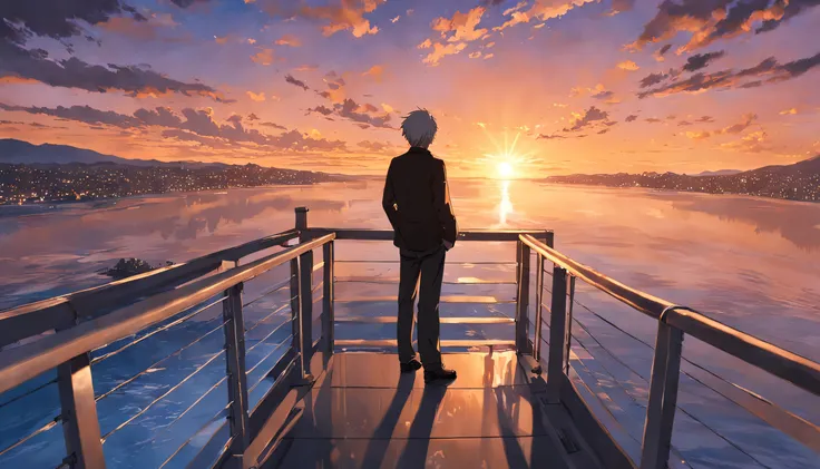 50-year-old man standing on a railing overlooking a body of water, with sunset, with a sunset, during sunset, at a beautiful sunset, durante a madrugada, looking at sunset, Sunset view, Fotografia tirada em 2 0 2 0, at sunset, night setting, ao nascer do s...