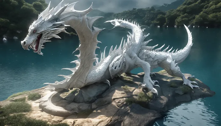 (close up, aerial view)1white dragon, lake and water, Best quality, Masterpiece, 超高分辨率, (photograph realistic:1.4), surrealism, Dream-like,fusionart, Shadowdancer, shadow magic, darkness control, stealth, shadowstep, umbral spells, hidden blade, (((cinemat...