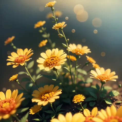 microscopic world , Masterpiece , Macro photography , cobweb, film grain, bokeh , smoke , highly detailed, Bright sunny weather, microflowers, drops, blur, realistic marigold close-up, azure background, soft contrast, octane render , unreal engine