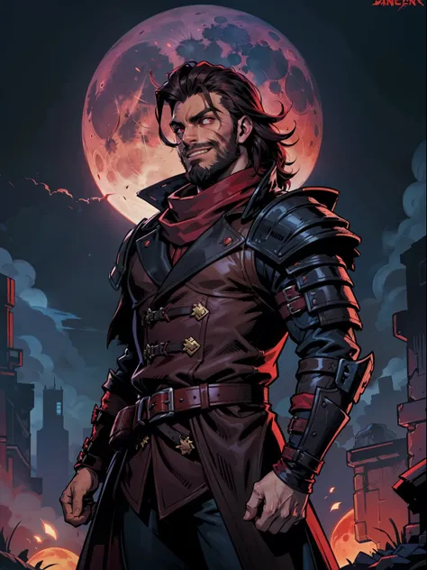 dark night blood moon background, darkest dungeon style, looking at the moon, game portrait, sadurang from marvel, hunk, short m...