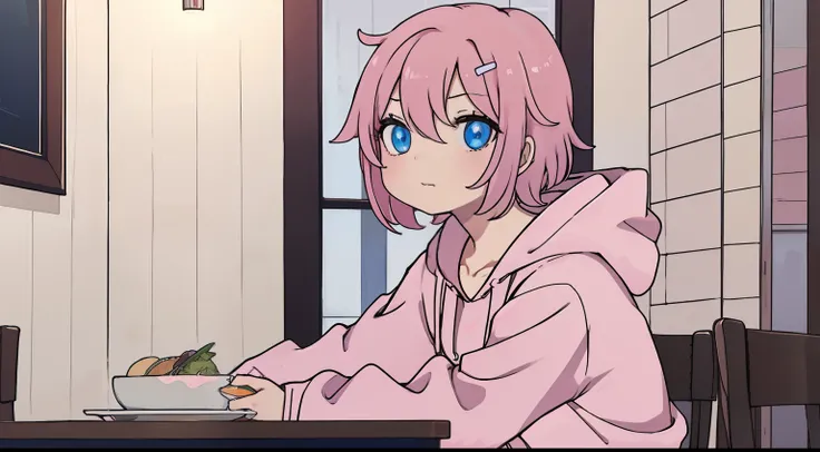 anime girl with short pink hair pink hoodie chocker hairclip, in dining room eating, sitting blue eyes blue skirt