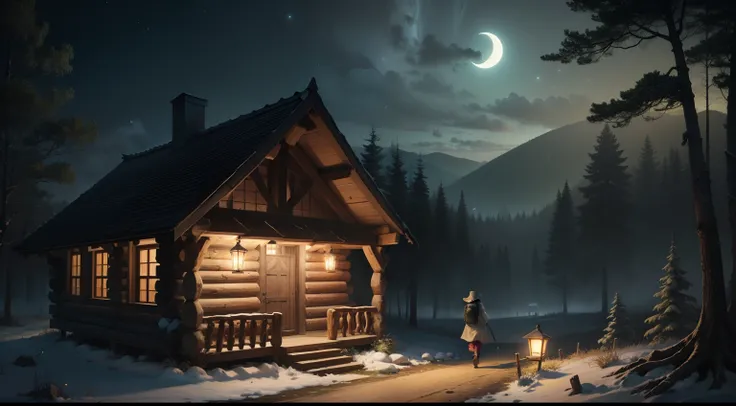 A wise pilgrim on his way to a house House of wooden logs in the background a night of silver moonlight in the forest in the spring season，There is a small path to the log house where the wise pilgrim goes in the middle of spring, o peregrino no caminho pa...