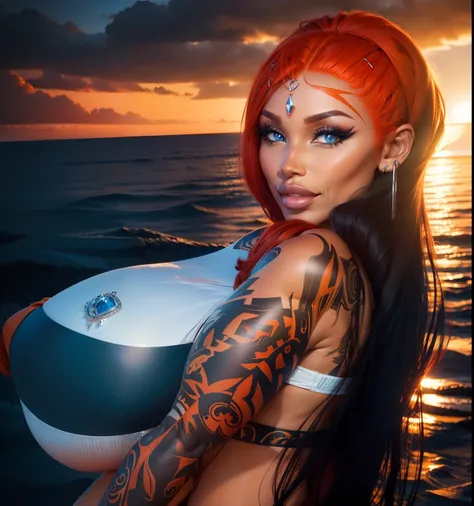 Orange bikini top, colored arm sleeve tattoos, long black and red hair, diamond forehead jewelry, diamond nose ring, pretty sky-blue eyes, smiling, silver hoop earrings, huge breasts, standing sideway model pose, dark latina woman