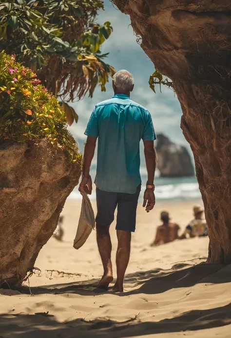 imagem de um homem 50 anos de idade, caminhando pela praia , encontra um vestido caido na areia