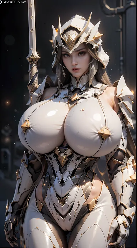 ((Unreal Engine 5)), Realistic rendering, Excellent, (fully armoured), (Cloak), (helm), looking on camera, Stand in the studio, Beautiful face, Makeup, CGImix, (Photorealism:1.2), ultrarealistic uhd face, (huge fake boobs:1.4), (gigantic cleavage breasts:1...