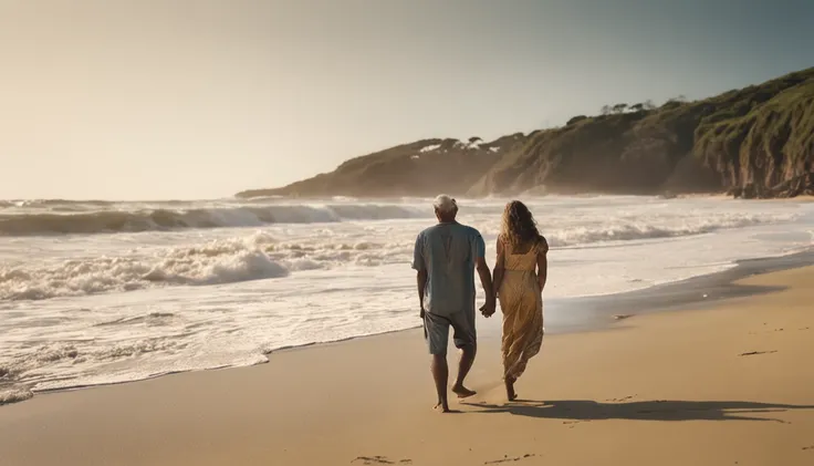 imagem de um homem 50 anos de idade, caminhando pela praia , encontra um vestido caido na areia