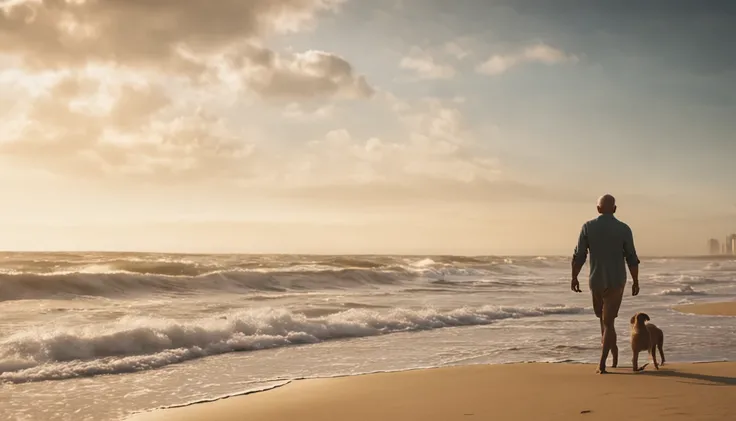 imagem de um homem 50 anos de idade, caminhando pela praia , encontra um vestido caido na areia