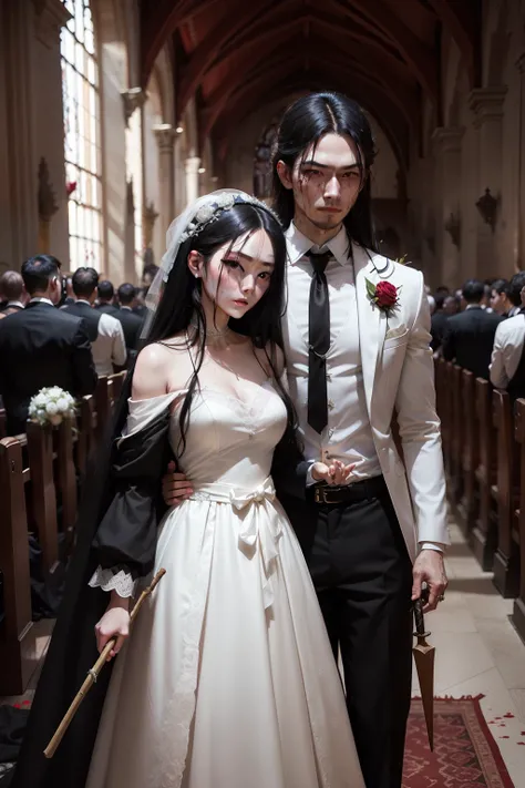 In the church where the wedding was held，A woman with long black hair hanging down her waist，Dark eyes，White wedding dress soaked in blood，Holding a long stick stained with blood，Smiled brightly，Behind him is the dead husband and the panicked godfather。