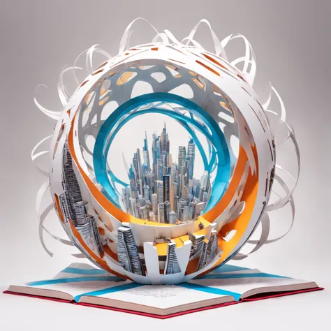 (popup book,White background:1.35),Postmodern Art Style,(abstracted:1.2)(penrose escher style spheres) made up of (cyberpunk city:1.2),turning into a (James Rosenquist,Roy Lichtenstein) style spheres,Inception,impossible geometric structure,Mobius ring,cyb...