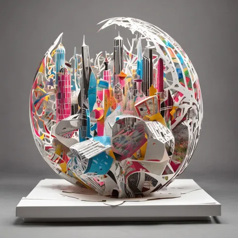 (popup book,White background:1.35),Postmodern Art Style,(abstracted:1.2)(penrose escher style spheres) made up of (cyberpunk city:1.2),turning into a (James Rosenquist,Roy Lichtenstein) style spheres,Inception,impossible geometric structure,Mobius ring,cyb...