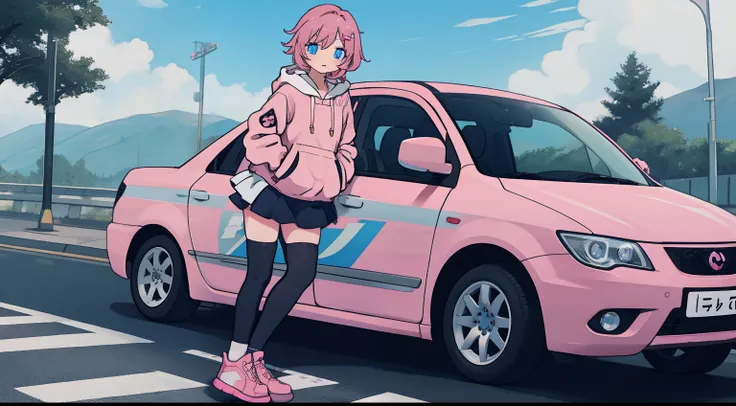 anime girl with short pink hair pink hoodie chocker hairclip black legwear white shoes blue eyes skirt in road, beside a car, leaning in the car