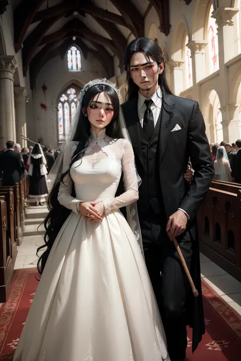 In the church where the wedding was held，A woman with long black hair hanging down her waist，Dark eyes，White wedding dress soaked in blood，Holding a long stick stained with blood，Smiled brightly，Behind him is the dead husband and the panicked godfather。