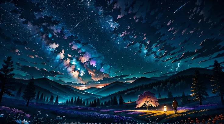 Expansive landscape photograph, (view from below with a view of the sky and the wilderness below), little girl standing in a flower field looking up, (full moon: 1.2), (shooting star: 0.9), (nebula: 1.3), distant mountain, tree break production art, (warm ...