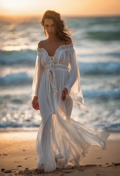 um vestido branco caido na areia da praia