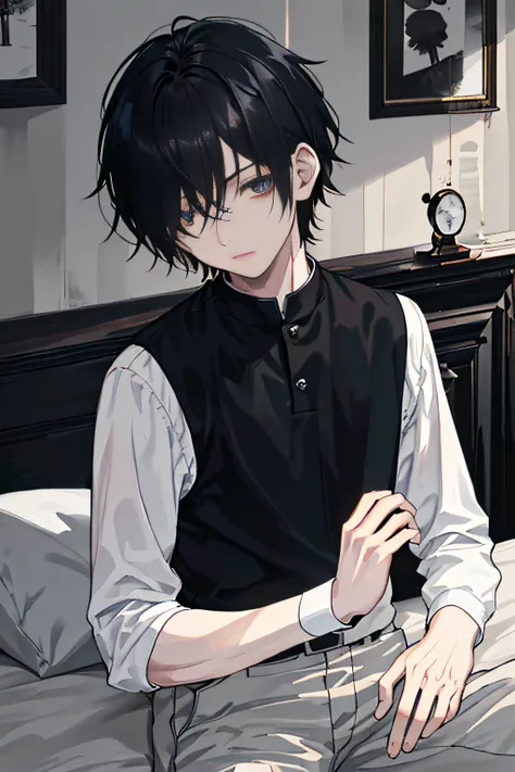 (Dark melancholy painting style+Room background)，(There is only one male character:Around 15 years old)、(黑The eye)、(Black hair+covering eyes)、(depressed eye)、(short detailed hair)、(The upper part of the body)