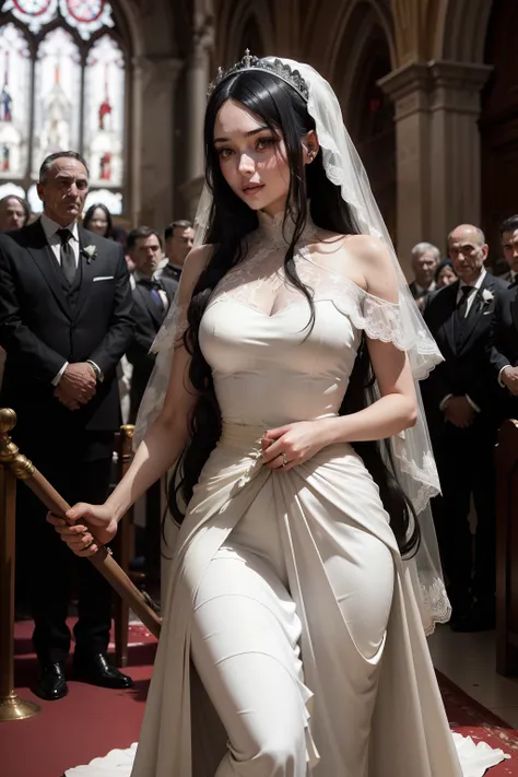 In the church where the wedding took place，A woman with long black hair hanging down her waist，Black colored eyes，A white wedding dress soaked in blood，Holding a long stick stained with blood，Smile brightly，Behind her are her dead husband and panicked godf...