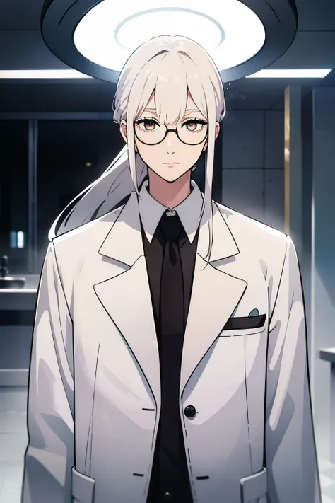 white hair color, round thin glasses, white eyelashes color, white lab coat, black shirt, ponytail, long straight hair, white eyes