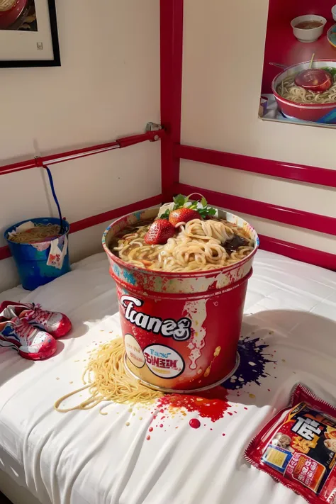 Lots of ramen in bed、(Ramen with colorful paint splattered)、Ramen dyed with colorful paints,a bucket with a lot of paint,,,Paint overflowing from a bucket, (Sneakers stained with paint on the bed),Strawberries on the beds、Strawberry jam overflowing in the ...