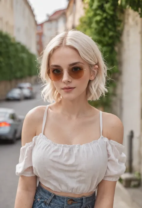 selfie woman, 19 years old, emma watson, in sunglasses, with short white blonde wavy hair, street, wearing casual clothes, summer vibes, colourful scene, midshot, professional photography, ultra sharp focus