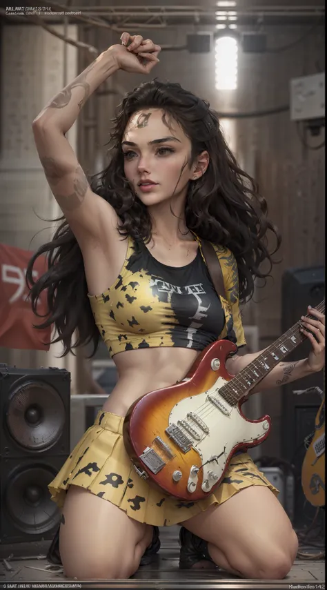 Motor irreal:1.4,CG ultra realista 64K, fotorrealista:1.4, textura de la piel:1.4, Obra maestra:1.4,Gal Gadot with long brown hair with tattoos wearing a yellow T-shirt playing a blue solaratype from 1452 on stage at a concert, Dramatic lighting, Metalero,...