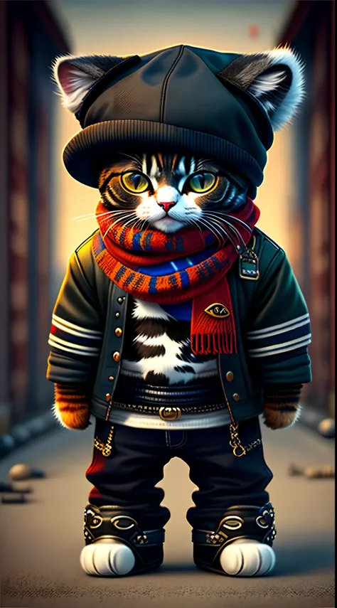 image of a cat in a hat and scarf, art station trend, dressed in punk clothes, hyper realistic detailed rendering, British gang member, urban style, intimidating pose, planet of cats, fashion clothes, urban samurai, meow, West Slavic traits, 8 1 5