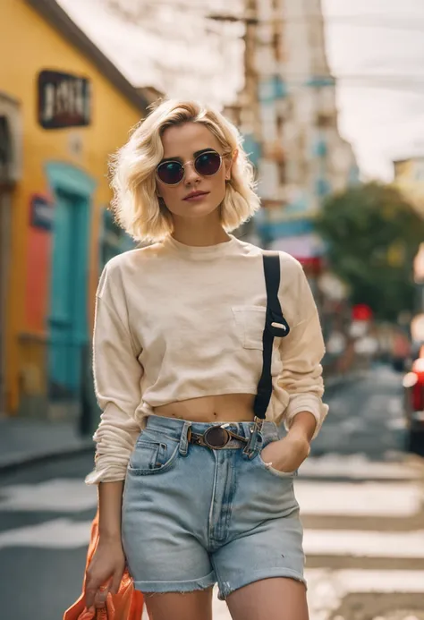 selfie woman, 19 years old, emma watson, in sunglasses, with short white blonde wavy hair, street, wearing casual clothes, summer vibes, colourful scene, midshot, professional photography, ultra sharp focus