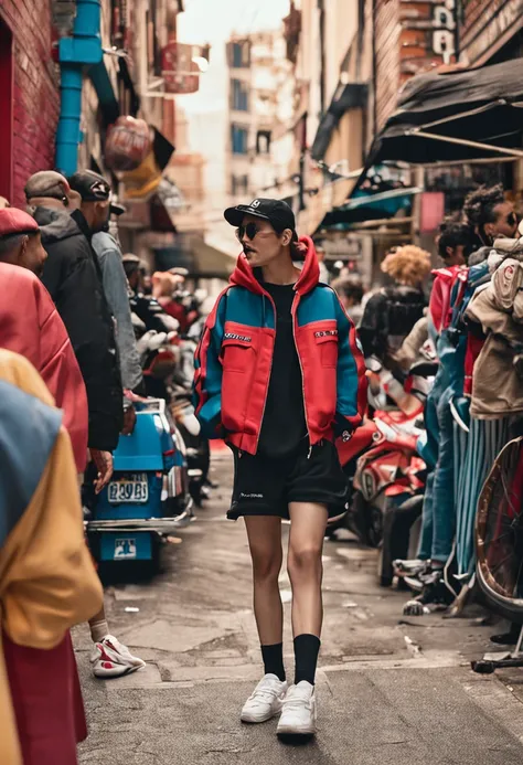 bobo head，Long black sweatshirt，denim short，White sneakers