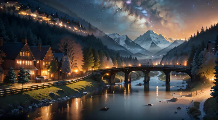 (8K resolution, highest quality, super detailed, elegant, tree details, river details, rolling valleys, (far view), forest, dreamy night sky, lights, wooden houses, lush leaves, town lights, distant mountains, beautiful volume light effects ), Wide Angle, ...