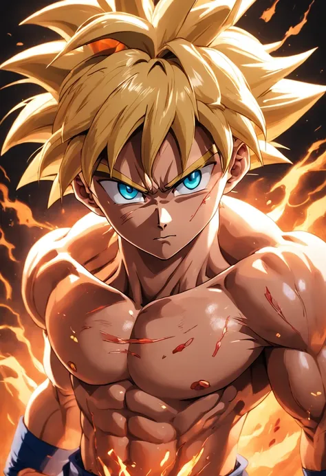 dragon ball goku, retrato de corpo inteiro, um pouco realista, Facial features are carefully described, estilo escurom orifundidade de campos, renderizado, melhor qualidade, 8k foco nitido nos olhos, anatomia correta, com cabelos loiros, com olhos vermelho...