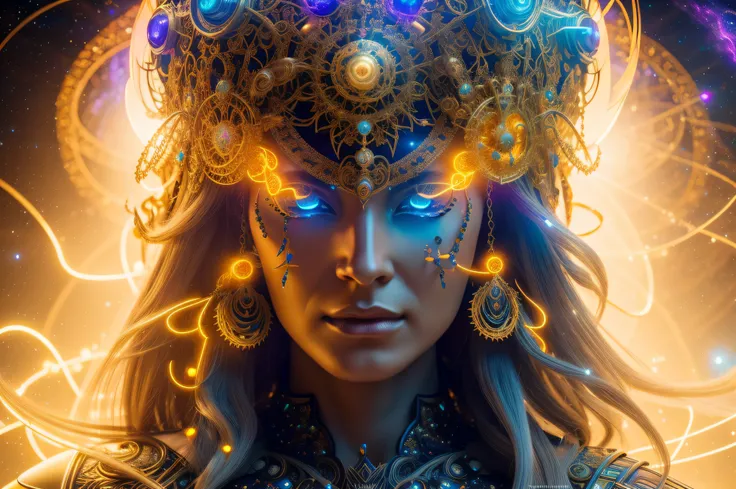 Algorithmically enhanced random close-up view of a sublime female Goddess covered in powerful Ultra Arcane magic sigils wearing an intricate living lightning fractal crown and lavishly adorned attire reflecting tactical sun-motes and diamond moon shards, q...