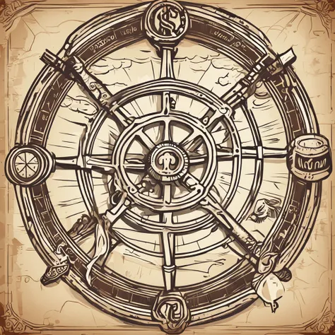 A close-up of a menu with a ship wheel and various icons, Interface do jogo, Interface do jogo, pirate setting, Jogo HUD, game ui asset design, Placa UI, arte do item, game icon asset, game icon stylized, Estilo de cor de Hearthstone, health bar hud, foto ...