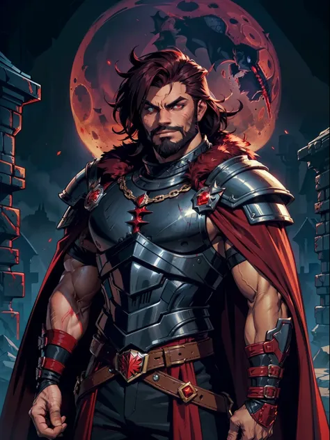 Dark night blood moon background, Darkest dungeon style, game portrait, Sadurang from Marvel, hunk, buffed physics, short mane hair, mullet, defined face, detailed eyes, short beard, glowing red eyes, dark hair, wily smile, badass, dangerous, wearing armor...