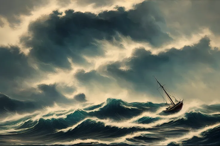 watercolor paiting，Dark tones，Stormy sea，Magnificent，A small boat moves through the waves。