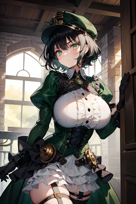 menacing and imposing, short Girl with short voluminous curly black hair, green eyes, flat steampunk cap, beautiful white steampunk shirt ((covering over breasts)), (fluffy layered dress, black corset), black gloves, large breasts, lush curves, standing in...