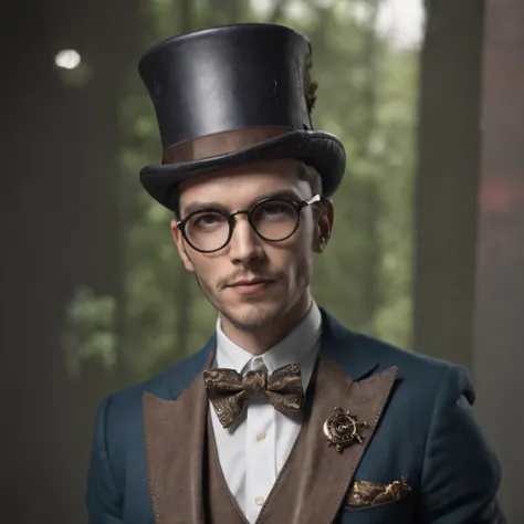 tmasterpiece, realista Handsome Steampunk Gentleman, Handsome in hipster style, leather suit, Expensive and very stylish luxury, Steampunk hat, decorated with glasses,top hat, 8K Digital Art, Tattooed and muscular, An Amazing Man, Industrial, Retro futuris...