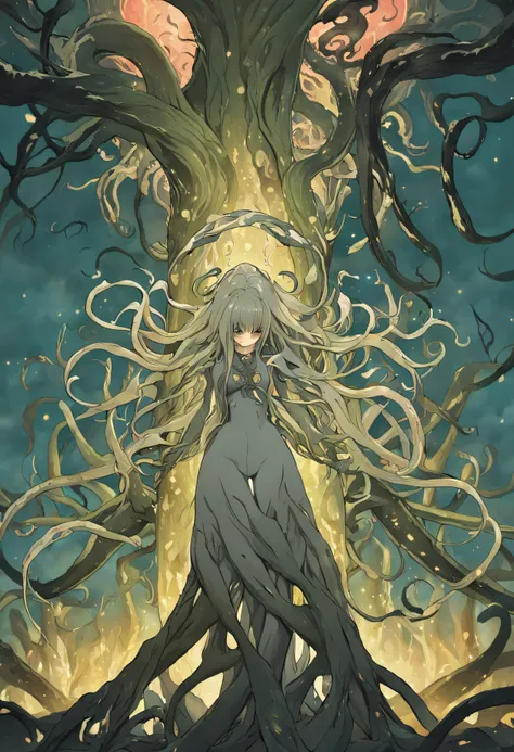 Tentacle demon tree, tentacle tree, plant tentacle, binding, devouring goddess, magic, tentacle trunk inlaid with a beautiful woman, inlaid with a woman kneeling in the tentacle tree fused with the demon tree, covered with tentacles, fine details. Anime. T...