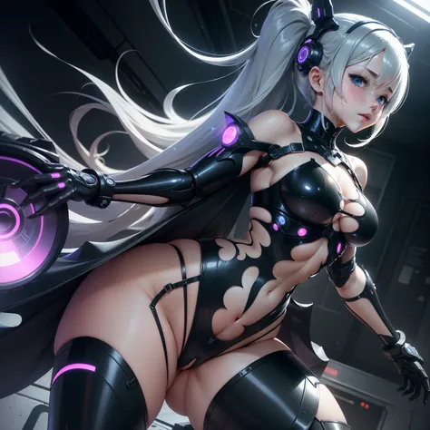 Anime characters in a dark room，with black background，spread their legs, 2b, 2 b, biomechanical oppai, an oppai cyberpunk, Rem Rezero, Loli, gynoid body, SFW version, thicc, Transparent smooth warframe thighs, small curvaceous loli, frostbite 3 rendered, S...