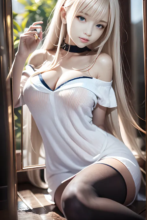 bright expression、Young shiny shiny white shiny skin、Best Looks、Blonde reflected light、Platinum blonde hair with dazzling highlights、shiny light hair,、Super long silky straight hair、Beautiful bangs that shine、Glowing crystal clear attractive big blue eyes、...