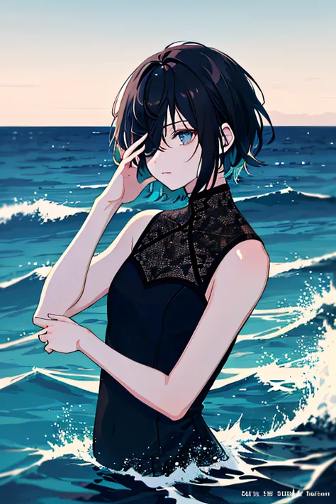 （best qualtiy）（4K）Dark melancholy painting style，Sea backgroun，A sense of oppression in the ocean，A male character around 15 years old，黑The eye，Her dark hair covered her eyes，eye detailed，short detailed hair，The upper part of the body，Exquisite hand detail...