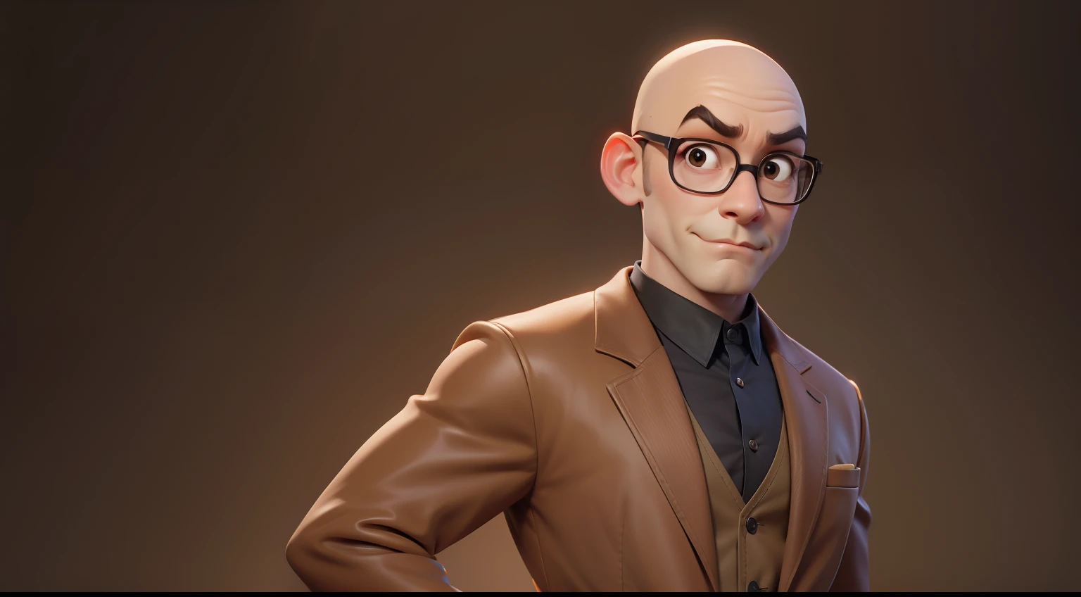 bald man, no hair , wearing glasses, no beard, brown clothes, full body , speaking, pixar disney cartoon style