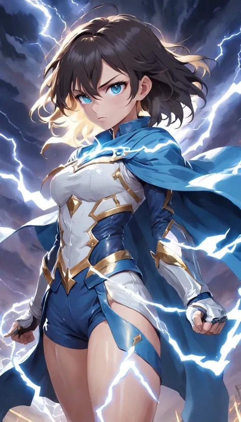 18year old, Right eye is blue, Left eye is black, Different eye colors, ((Dagger in left hand)), The power of lightning in the dagger, ((Gauntlet on right arm)), The Gauntlet Has the Power of the Wind, (blue cloak), (Blue muffler), (White shirt under blue ...