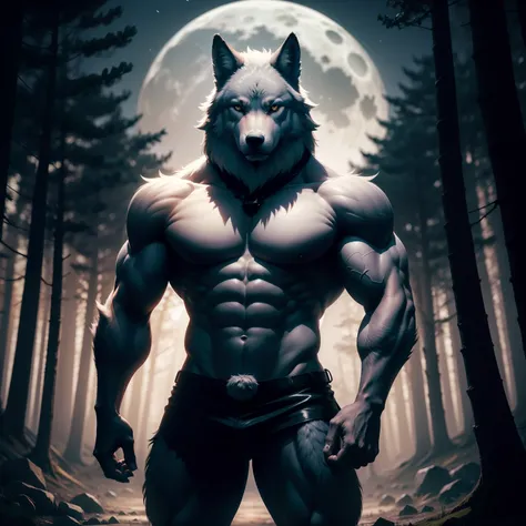 Muscular wolf standing in a forest with full moon in the background